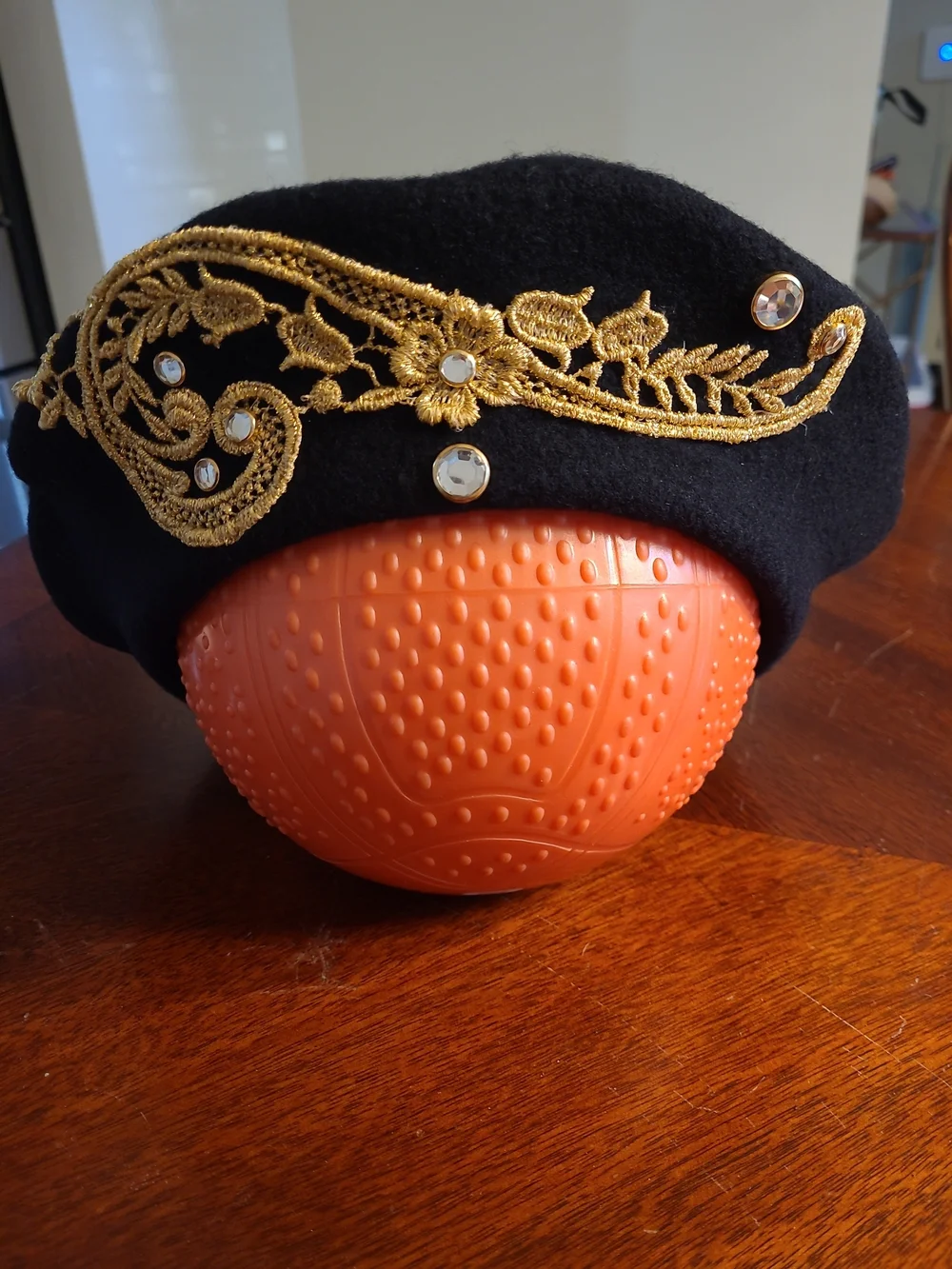Vtg Black 100% Wool Beret with Gold Metalic Baroque Embroidery and Rhinestones